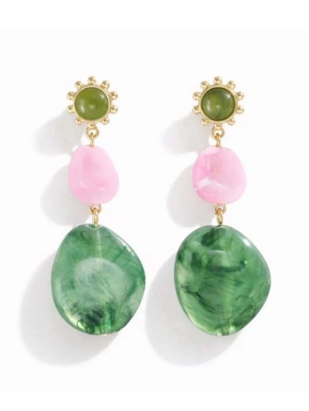 New! Preppy Gemstone Green Pink Colorful Drop Earrings (1080) NWOT